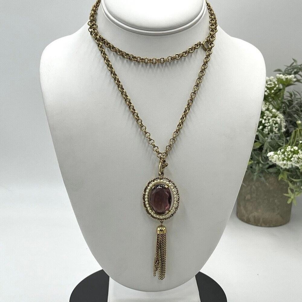 Avon Vintage Faux seed pearl purple glass pendant tassel gold tone long chain
